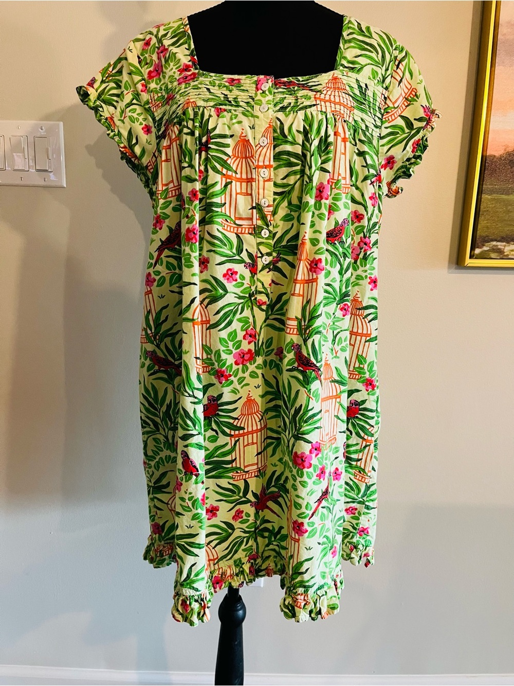 Printfresh Birds of a Feather Birdcage Pintuck Day to Nightgown Dress Sz S EUC